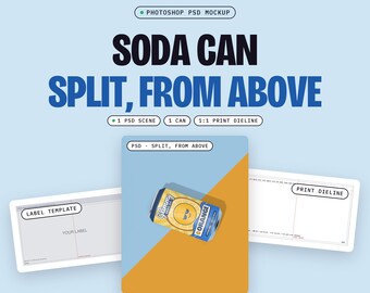 Soda Can Mockup PSD from Above, One 12 oz Can on a Split Orange and Blue Floor, Hard Sun Shadow, Label Template (Digital Download)