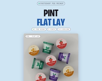 Ice Cream Pint Flat Lay Mockup PSD, 1 Top-Down Scene with 9 Pints, Curved Label Dieline (Digital Download)