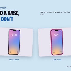 May include: A digital graphic displaying two smartphone options with the text ADD A CASE, OR DON'T. One phone is shown without a case labelled CASE HIDDEN, and the other is shown with a pink jelly-style case labelled CASE SHOWN.