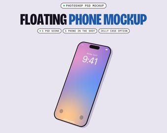 Floating Phone Mockup PSD, 1 Scene, Smart Object Screen, Optional Jelly Case (Digital Download)