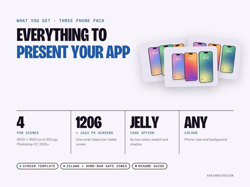 May include: A digital design template pack titled EVERYTHING TO PRESENT YOUR APP featuring three phone mockups with gradient screens. Includes 4 PSD scenes, 1206 x 2622 px screens, jelly case options, and customizable colors for phones and backgrounds.