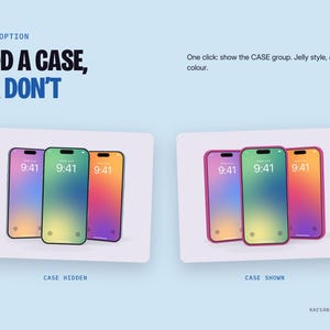 May include: A digital graphic showing two sets of three smartphones with gradient screens. The left set displays phones without cases, labeled CASE HIDDEN. The right set displays phones with pink jelly-style cases, labeled CASE SHOWN. Text reads ADD A CASE, OR DON'T.