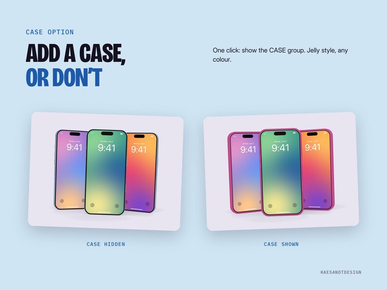 May include: A digital graphic showing two sets of three smartphones with gradient screens. The left set displays phones without cases, labeled CASE HIDDEN. The right set displays phones with pink jelly-style cases, labeled CASE SHOWN. Text reads ADD A CASE, OR DON'T.