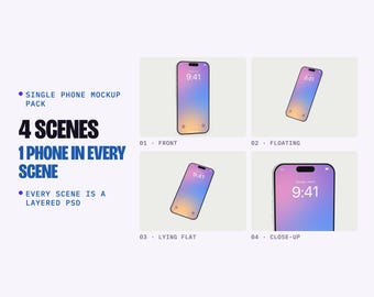Single Phone Mockup PSD Pack, 4 Scenes: Front, Floating, Flat Lay, Close-Up, Optional Jelly Case (Digital Download)