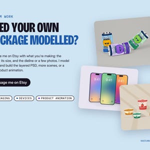 May include: A digital graphic featuring the text NEED YOUR OWN PACKAGE MODELLED? with a call to action button reading Message me on Etsy. The layout displays 3D renderings of beverage cans, smartphones, and small food containers.