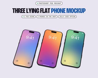 Three Phone Flat Lay Mockup PSD, Top Down, 1 Scene, Smart Object Screen, Optional Jelly Case (Digital Download)
