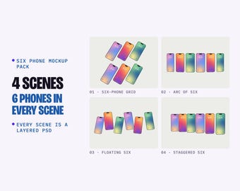 Six Phone Mockup PSD Pack, 4 Scenes: Grid, Arc, Floating, Staggered, Optional Jelly Case (Digital Download)