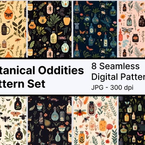 May include: A set of 8 seamless digital patterns featuring botanical illustrations of jars, flowers, and insects. The patterns are in a variety of colors, including black, white, green, yellow, and pink. The patterns are perfect for use in scrapbooking, card making, and other craft projects.  Botanical Oddities Pattern Set. JPG - 300 dpi