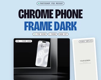 Chrome Frame Phone Mockup PSD, Frame Dark, One Phone Leaning in a Chrome Corner, Smart Object Screen (Digital Download)