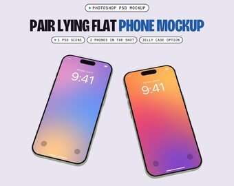 Two Phone Flat Lay Mockup PSD, Top Down, 1 Scene, Smart Object Screen, Optional Jelly Case (Digital Download)