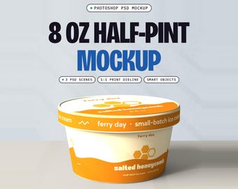 Ice Cream Half-Pint Mockup PSD, 8 oz Paper Cup, 3 Scenes, Curved Label Dieline Included (Digital Download)