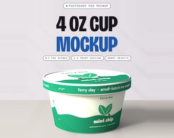 Ice Cream Sample Cup Mockup PSD, 4 oz Tasting Cup, 3 Scenes, Curved Label Dieline Included (Digital Download)
