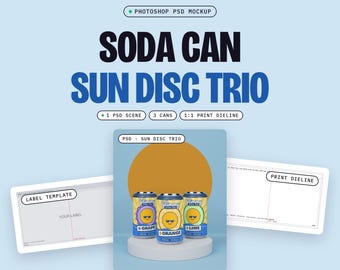 3 Soda Can Mockup PSD, Three 12 oz Cans on a White Plinth, Sun Disc Backdrop, Real 3D Condensation (Digital Download)