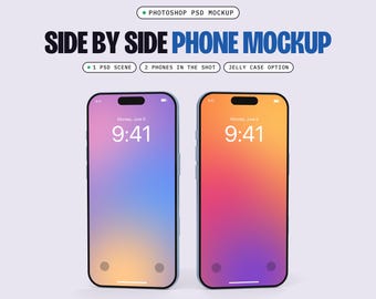 Two Phone Mockup PSD, Side by Side, 1 Scene, Smart Object Screen, Optional Jelly Case (Digital Download)
