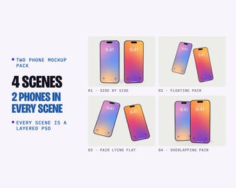 Two Phone Mockup PSD Pack, 4 Scenes: Side by Side, Floating, Flat Lay, Overlapping, Optional Jelly Case (Digital Download)
