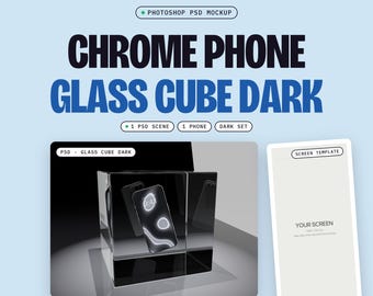 Glass Cube Phone Mockup PSD, Dark, One Phone Floating Inside a Clear Glass Block, Smart Object Screen (Digital Download)