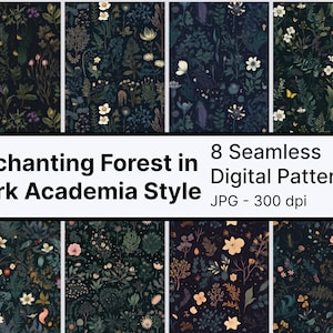 May include: Eight seamless digital patterns featuring a dark forest with white, pink, and yellow flowers, green leaves, and small insects on a black background.  Enchanting Forest in Dark Academia Style. JPG - 300 dpi