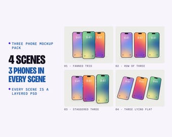 Three Phone Mockup PSD Pack, 4 Scenes: Fanned, Row, Staggered, Flat Lay, Optional Jelly Case (Digital Download)