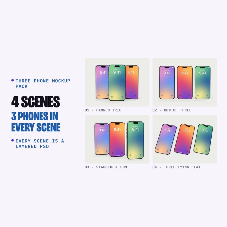Three Phone Mockup PSD Pack, 4 Scenes: Fanned, Row, Staggered, Flat Lay, Optional Jelly Case (Digital Download) image 1