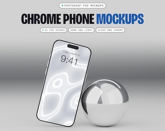 Chrome Phone Mockup PSD Pack, 12 Dark and Light Scenes, Glass and Chrome Sets, Smart Object Screens (Digital Download)