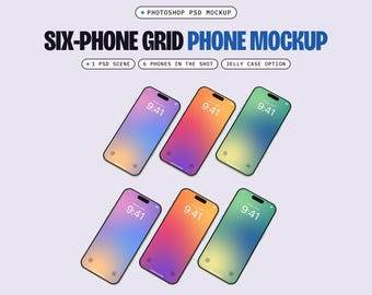 Six Phone Flat Lay Mockup PSD, Grid, 1 Scene, Smart Object Screen, Optional Jelly Case (Digital Download)