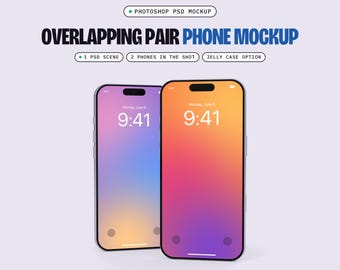 Two Phone Mockup PSD, Overlapping, 1 Scene, Smart Object Screen, Optional Jelly Case (Digital Download)