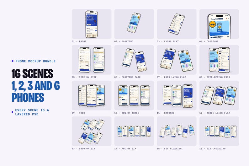 May include: A phone mockup bundle featuring 16 scenes with one, two, three, or six smartphones displayed in various arrangements including floating, lying flat, side-by-side, and cascading. The text reads Phone Mockup Bundle, 16 Scenes, 1, 2, 3 and 6 Phones, and Every Scene Is A Layered PSD.