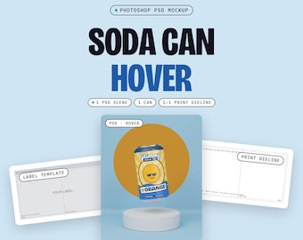 Floating Can Mockup PSD, One 12 oz Soda Can Hovering Above a White Plinth, Falling Drops, Sun Disc Backdrop (Digital Download)
