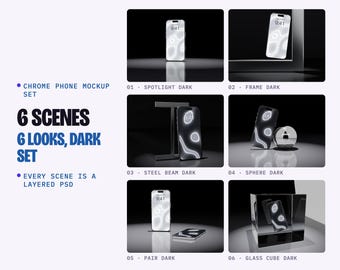 Dark Chrome Phone Mockup PSD Set, 6 Scenes, Spotlight Frame Steel Beam Glass Sphere Pair Cube, Smart Object Screens (Digital Download)