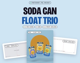Floating Cans Mockup PSD, Three 12 oz Soda Cans at Different Heights and Tilts, Sun Disc Backdrop (Digital Download)