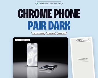 Two Phone Mockup PSD, Pair Dark, One Phone Standing and One Lying on a Black Mirror Floor, Reflection (Digital Download)