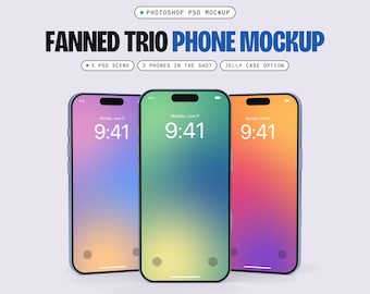 Three Phone Mockup PSD, Fanned, 1 Scene, Smart Object Screen, Optional Jelly Case (Digital Download)