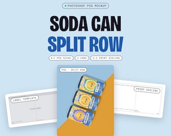 Three Can Mockup PSD, 12 oz Soda Cans Lying in a Row, Overhead Flat Lay on a Split Orange and Blue Floor (Digital Download)