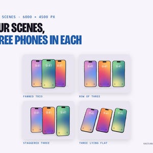 May include: A digital mockup set featuring four scenes with three smartphones each, displaying colorful gradient screens with the time 9:41. The text reads 4 PSD SCENES, 6000 X 4500 PX, FOUR SCENES, THREE PHONES IN EACH, FANNED TRIO, ROW OF THREE, STAGGERED THREE, THREE LYING FLAT.
