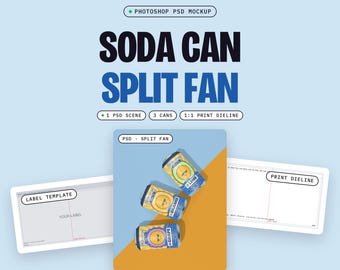 Soda Can Mockup PSD, Three 12 oz Cans Fanned Out on a Split Orange and Blue Floor, Overhead View, Condensation (Digital Download)