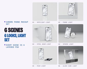Light Chrome Phone Mockup PSD Set, 6 Scenes, Spotlight Frame Steel Beam Chrome Sphere Pair Cube, Smart Object Screens (Digital Download)