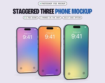 Three Phone Mockup PSD, Staggered, 1 Scene, Smart Object Screen, Optional Jelly Case (Digital Download)