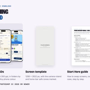 May include: A digital product bundle featuring 16 layered PSD files, a blank phone screen template with safe zones, and a Start Here guide. The text includes 'WHAT'S IN THE DOWNLOAD', 'EVERYTHING YOU NEED', and 'NEEDS ADOBE PHOTOSHOP CC 2020 OR NEWER'.