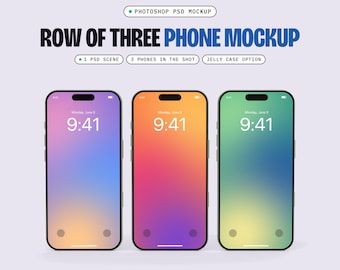 Three Phone Mockup PSD, Row, 1 Scene, Smart Object Screen, Optional Jelly Case (Digital Download)