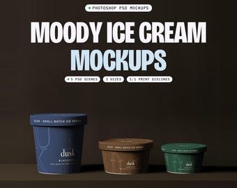 Moody Ice Cream Mockup PSD, Pint and Cups in 5 Dark Scenes, Curved Label Dielines (Digital Download)