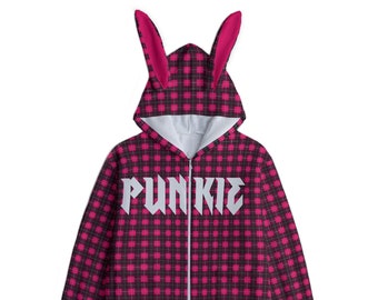 Pink Plaid Bunny Lightweight Fuzzy Hoodie