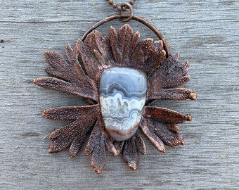 Crazy Lace Agate and Real Leaf Copper Electroformed Necklace