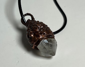 Copper electroformed acorn and quartz point necklace