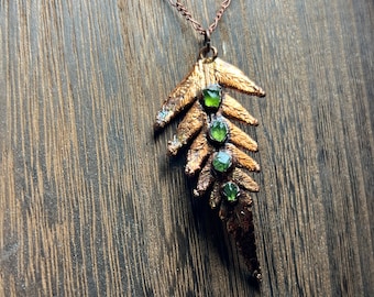 Genuine fern leaf and peridot necklace - copper electroformed