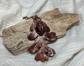 Copper Electroformed Skull and Oak Leaf necklace