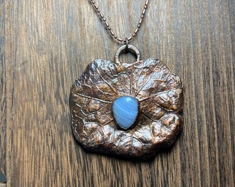 Real nasturtium leaf and blue lace agate necklace- copper electroformed