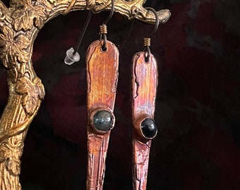 Electroformed Natural sapphire and copper drop earrings- niobium wires- hypoallergenic