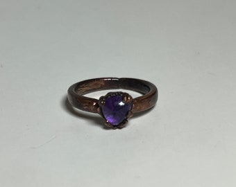 Copper electroformed amethyst solitaire ring- size 4.5