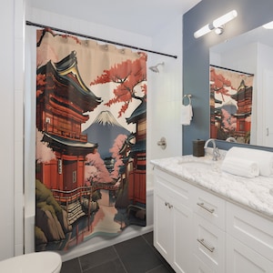 Elegant Japan Themed Shower Curtain with Cherry Blossoms-Cherry Blossom Shower Curtain, Aesthetic, Asian Inspired Bathroom Decor, Home Decor