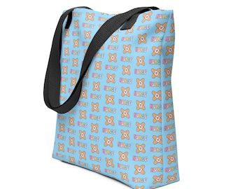 May include: A light blue tote bag with a repeating pattern of a bandage with a heart and the word "NURSE" in rainbow colors.
